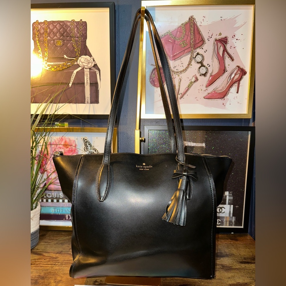 🖤 Kate Spade New York Black Smooth Leather Tote Bag | Certified Authentic